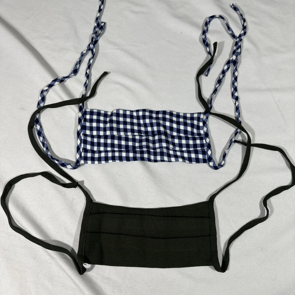 NEW Reformation Face Mask [ 2 Piece ] Blue Gingham Print +‎ Olive Green #T2153